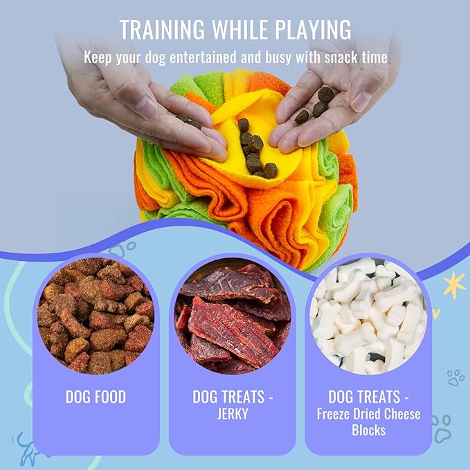 Pet Snuffle Ball, Puzzle Sniffing Interactive Dog Ball for Blind Dogs Training Stress Relief Dog Enrichment Toys Treat Machine Washable (15cm, Yellow Orange Green)-Mewly Pet