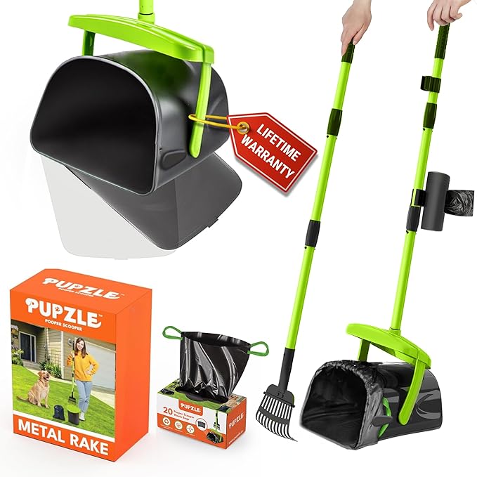 Dog Pooper Scooper with Bag Attachment, 40" Long Handle Pooper Scooper for Large Dogs, Dog Poop Scoop for Yard, Large Capacity Swivel Bin and Rake, Lavender Scented Bags (Green)-Mewly Pet