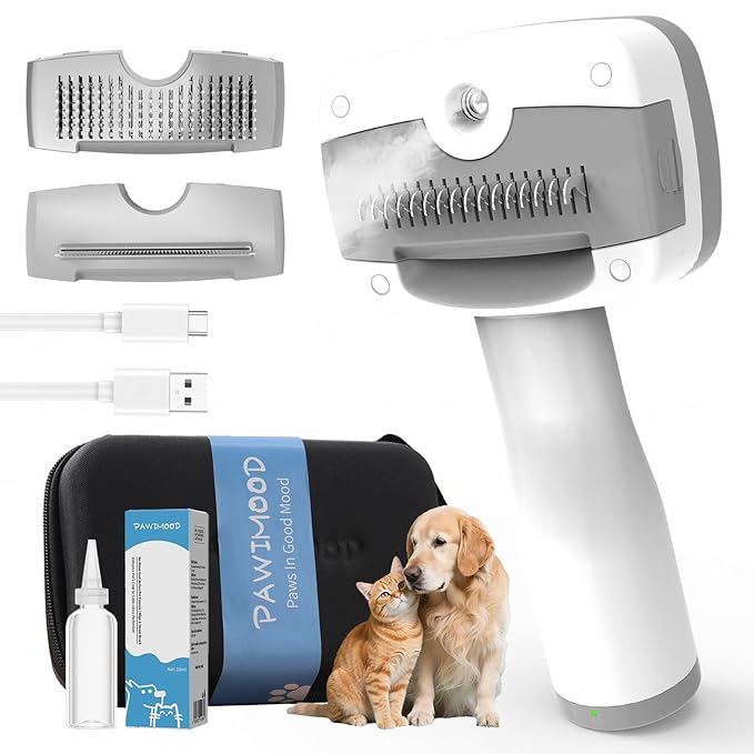 5 in 1 Pet Steam Brush for Dogs & Cats – Self Cleaning, 3 Pet Brush for Smoothing, Dematting, Thinning – Shedding, Grooming & Hair Removal, Includes Shampoo & Storage Case (8.0"-promax)-Mewly Pet