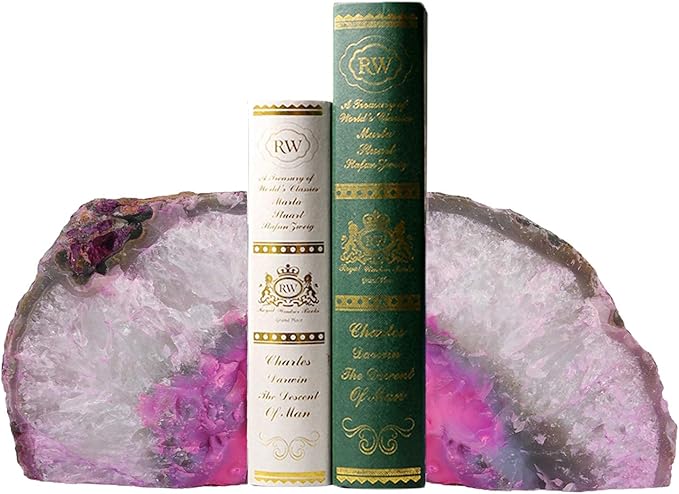 AMOYSTONE 2-3 Lbs Small Agate Bookends 1 Pair Natural Crystal Dyed Pink Decorative Book Stopper for Books Movies Cds