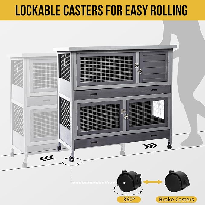 Rabbit Hutch Bunny Cage Indoor Outdoor with Wheel Deeper Tray Chew Proof Guinea Pig Cages 2 Decks Large Rabbit House with 4 Wooden Doors Weatherproof 41.3" L*17.3" W*41.3" H-Mewly Pet