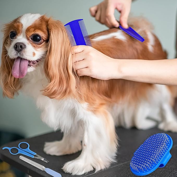 7-Piece Small Pet Grooming Kit with Brush, Nail Clippers, and Adjustable Strap for Rabbits, Hamsters, Guinea Pigs (Blue)-Mewly Pet