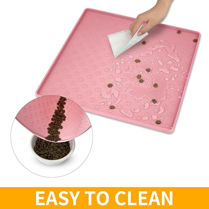 Ptlom Pet Placemat for Dog and Cat, Waterproof Non-Slip Silicone Feeding Bowl Mat Prevent Food and Water Overflow, Puppy Dish Feeder Fountain Trays Suitable for Medium and Small Pets, Pink-Mewly Pet