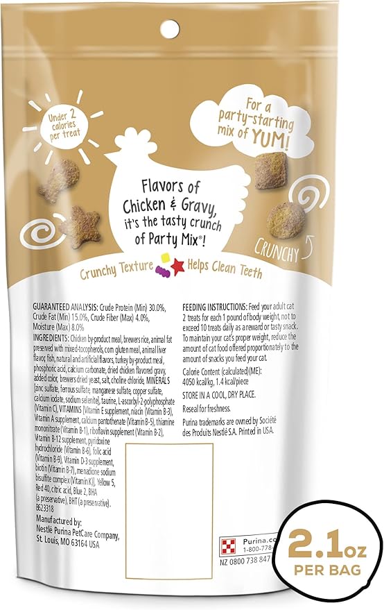Purina Friskies Party Mix Cat Treats, Gravy-Licious Crunch with Chicken & Gravy Flavors, Crunchy Treats for Cats, 2.1 Ounce Resealable Pouch (Pack of 3)-Mewly Pet