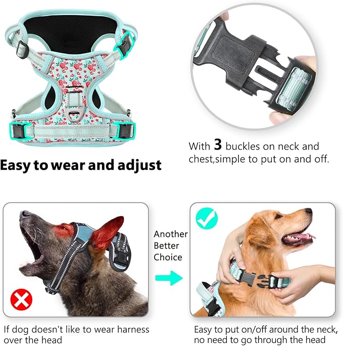 Timos Dog Harness, 3 Snap Buckles No-Pull Soft Padded Dog Vest with 2 Metal Leash Clips,Adjustable Reflective No Choke Pet Harness with Easy Control Handle for Small Dogs,Cyan,S-Mewly Pet