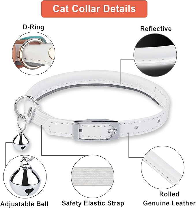 OOPSDOGGY Rolled Leather Cat Collar with Bell, Reflective Kitten Collars with Buckle Include Safety Elastic Strap - Adjustable Small Pet Collars for Boy Girl Cats (White)-Mewly Pet