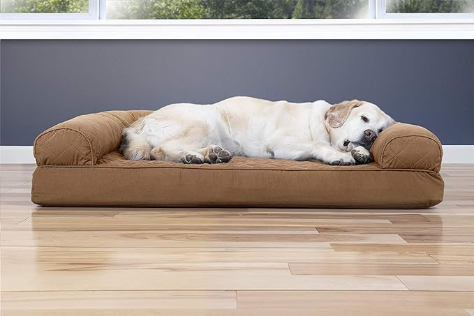 Furhaven Cooling Gel Dog Bed for Large Dogs w/ Removable Bolsters & Washable Cover, For Dogs Up to 95 lbs - Quilted Sofa - Toasted Brown, Jumbo/XL-Mewly Pet