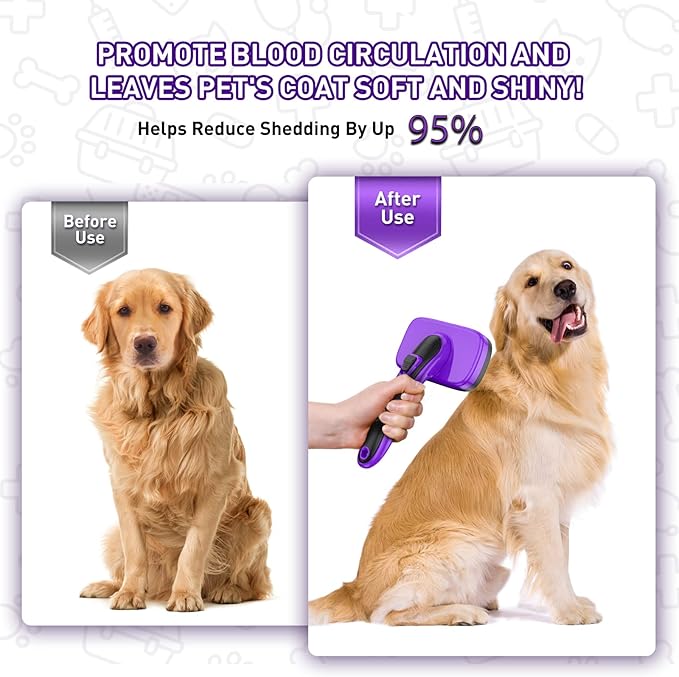 Dogs Cats Self Cleaning Slicker Brush for Shedding & Grooming Any Breed of Pets, Removes Loose, Undercoat, Mats, Tangled Hair for Small Medium Large Animal With Long Short Fur Length, Purple-Mewly Pet