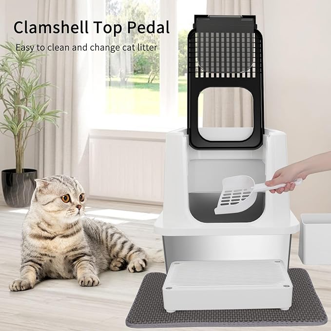 RIZZARI Stainless Steel Cat Litter Box, Odorless Enclosed Litter Box with Top Holes, Large Litter Pan for Small to Large Sized Cats (Black, 23.8" L*15.9" W*16.1" H)-Mewly Pet