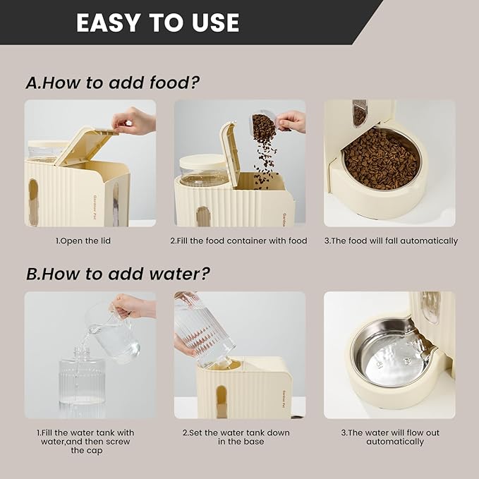 Gardner Pet Gravity Automatic 2-in-1 Pet Feeder, 0.8 Gallons*2 Cat Feeder and Water Dispenser Set, 100% BPA-Free Feeder and Stainless Steel Water Dispenser for Dogs, Cats, Rabbits, Puppies (Beige)-Mewly Pet