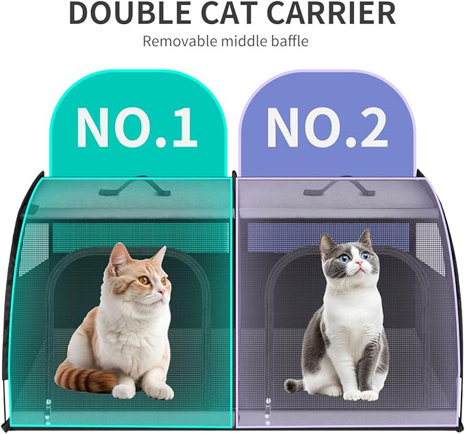 Double Cat Car Travel Carrier, Twin Compartment Show House Cat Cage/Condo，Portable Pet Crate for 2 Cats Travel Double Dog Crate Set for Long Distance Travel-Mewly Pet