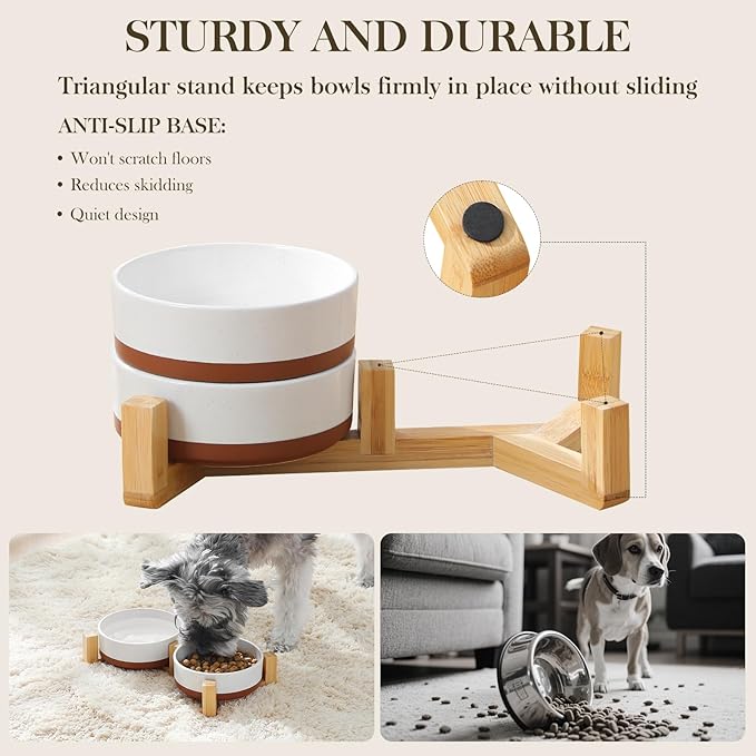 MALACASA Ceramic Dog Bowls, Dog Water/Food Dish with Wood Stand Non-Slip,14oz, Pet Basic Bowls for Your Puppy, Small Dogs or Cats,Glaze Matte Weighted Non-Slip (S-1.5 Cups)-Mewly Pet