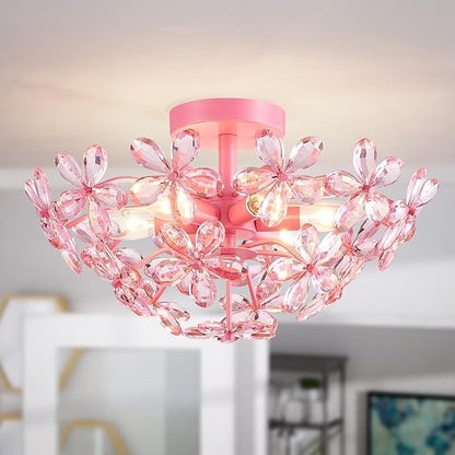 WUZUPS Crystal Chandelier Flushmount Ceiling Light Modern Lighting Fixture for Bedroom Hallway Bar Kitchen Bathroom, H 8.9" x W 17.7", Pink, E12 Base
