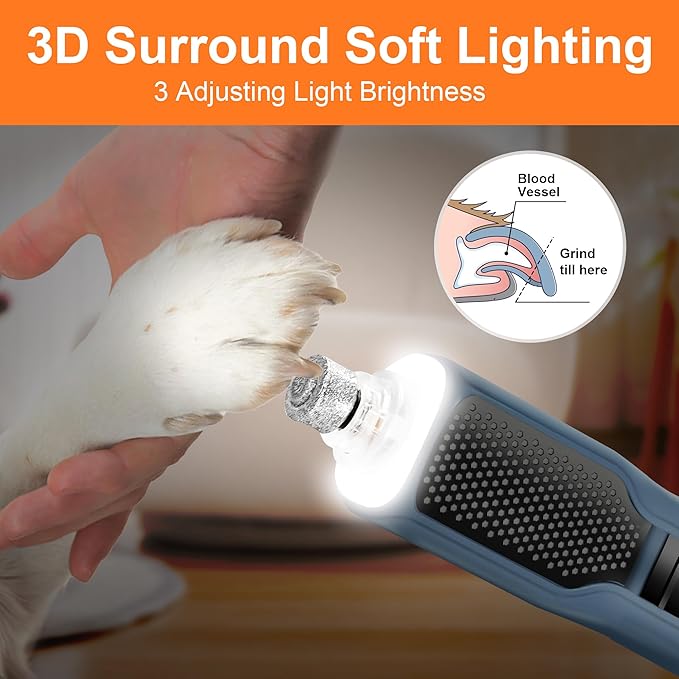 Dog Nail Grinder 7-Speed & 360° LED Light, Professional Pet Nail Grinder for Dogs and Cats, Electric Dog Nail Trimmer Painless Paws Grooming & Smoothing Tool for Large Medium Small Dogs Cats Pets-Mewly Pet