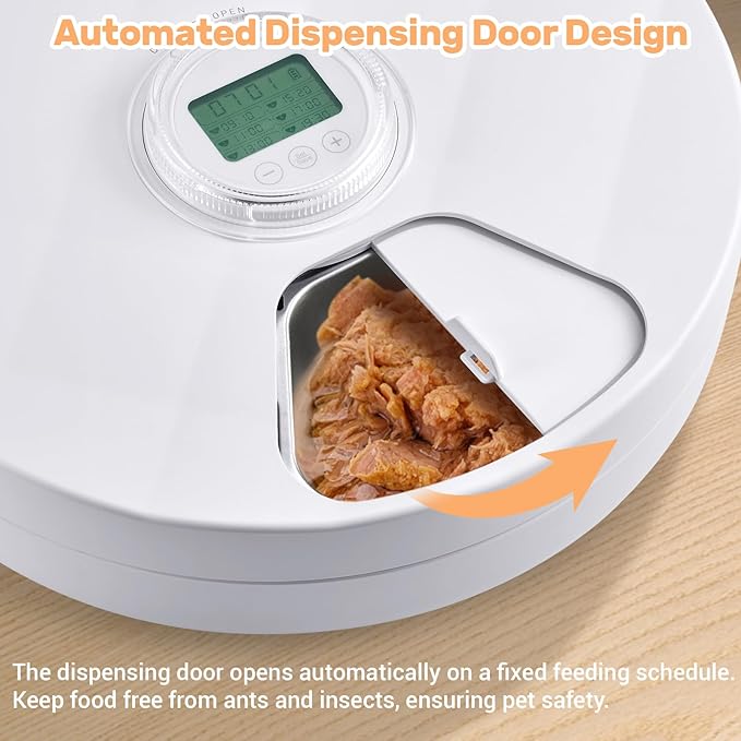 Automatic Cat Feeder Wet Food, Battery Operated Auto Feeder with 2 Ice Packs, Digital Cordless Pet Fresh Food Bowl with Timer and Memory Function for Cats Small Dogs (6-Meal Stainless Steel)-Mewly Pet