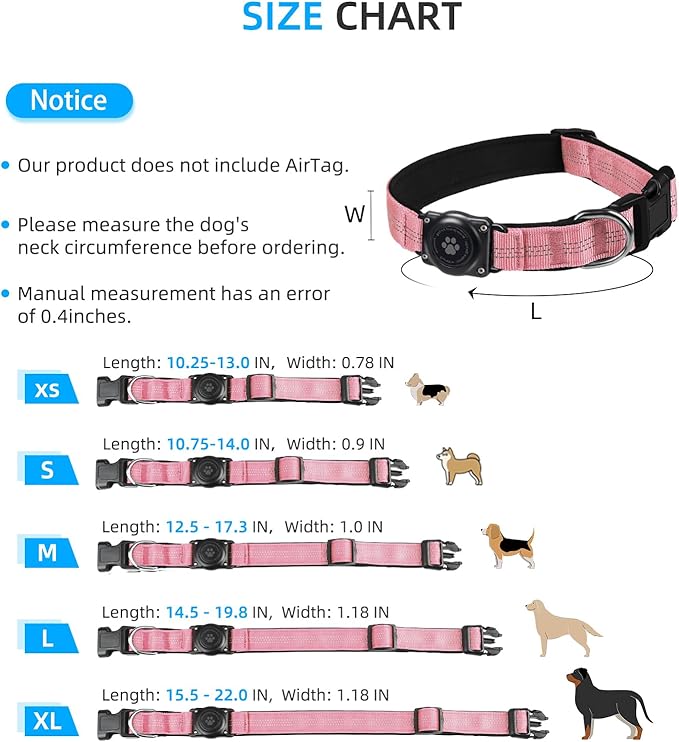Upgraded AirTag Dog Collar, IP68 Waterproof Air Tag Dog Collar Holder, Reflective, Ultra-Durable, Comfortable Padded, Heavy Duty Dog Collars for Small Medium Large Dogs (L (14.8"-20.3"), Pink)-Mewly Pet