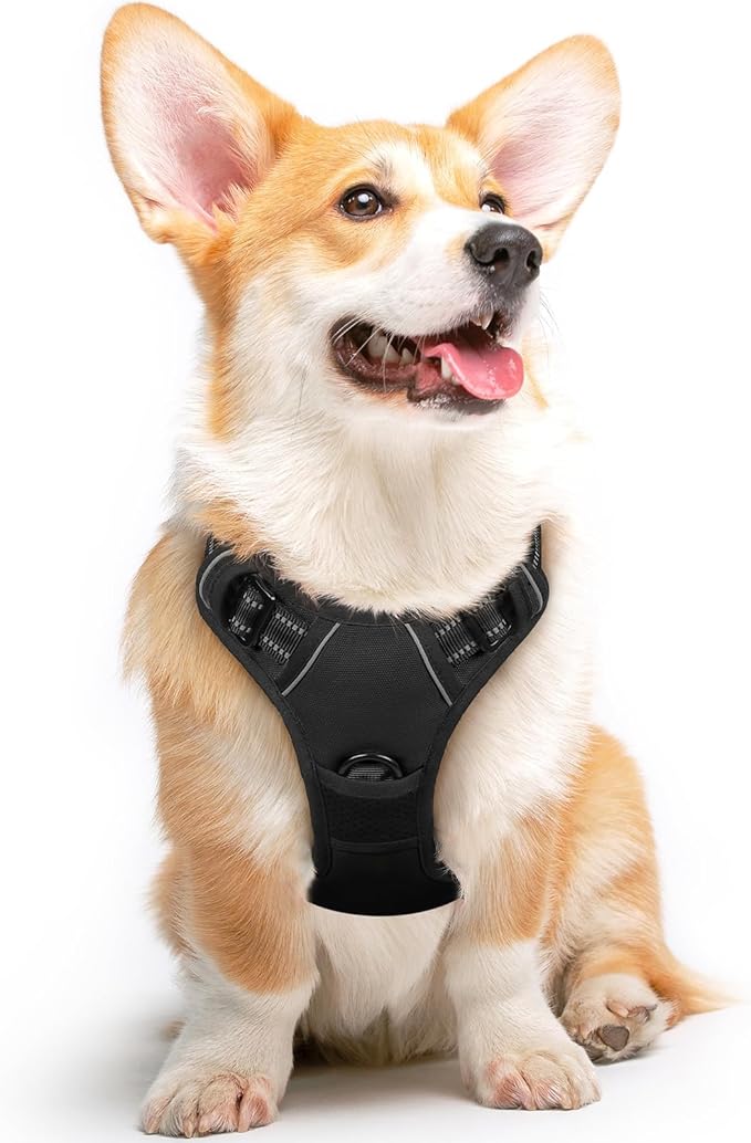 Eagloo Dog Harness Medium Sized Dog, No Pull Service Vest with Reflective Strips and Control Handle, Adjustable and Comfortable for Walking, No Choke Pet Harness with 2 Metal Rings, Black, M-Mewly Pet