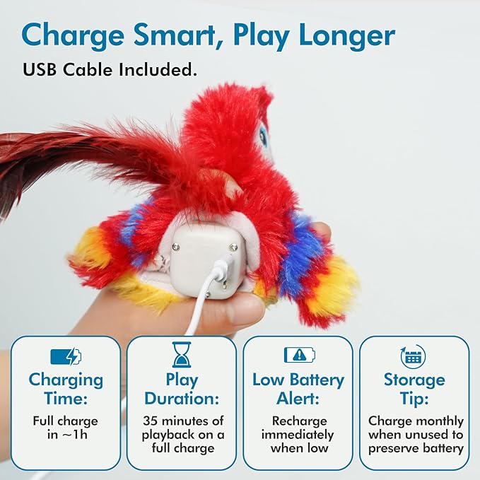 Vannon Cat Toys Flapping Bird(Cannot Fly), Rechargeable Touch Activated Kitten Toy Interactive Cat Exercise Toys with Catnip and Feather for Indoor Cat - Red-Mewly Pet