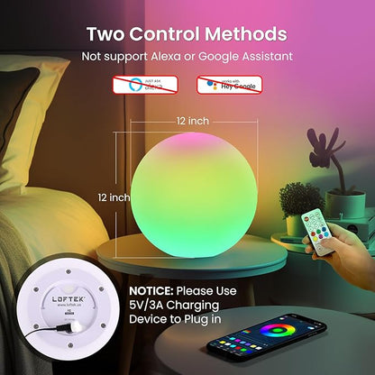 LOFTEK Color Changing Night Light, Smart LED Lamp with Bluetooth APP and Remote Control, Music Sync, 220 Scene Modes, 12-inch RGB Ball Mood Lighting for Living Room, Bedroom Event(Corded Electric)