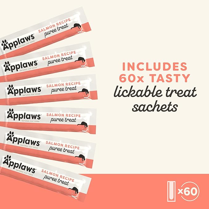 Applaws Lickable Cat Treats, Natural Grain-Free Purée, Limited Ingredient, Salmon Squeeze Up Cat Treats (60 x 0.5 oz Sachets)-Mewly Pet