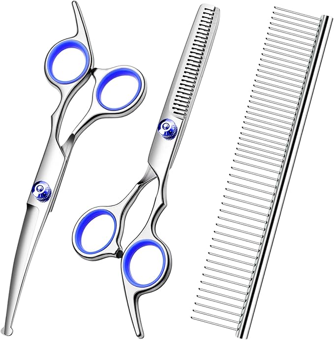 Professional Dog Grooming Scissors Kit, Titanium Coated Dog Scissors for Grooming, Grooming Shears Kit - Thinning, Curved Scissors and Comb for Dog Cat Pet (Blue 4 in 1)-Mewly Pet