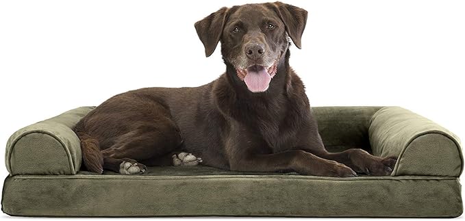 Furhaven Orthopedic Dog Bed for Large/Medium Dogs w/ Removable Bolsters & Washable Cover, For Dogs Up to 55 lbs - Faux Fur & Velvet Sofa - Dark Sage, Large-Mewly Pet