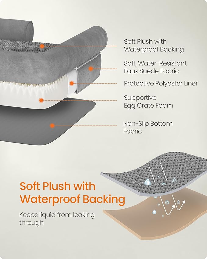 Feandrea Orthopedic Dog Bed, Large Dog Bed Waterproof, Removable Washable Cover Sofa with Non-Slip Bottom, Raised Edges, 48 x 33 x 8 Inches, Light Gray UPGW078G02V1-Mewly Pet