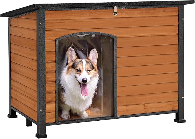 GUTINNEEN Chew Proof Dog House with Metal Iron Frame Outdoor Dog Kennel for Small Medium Large Indoor Dog Cage (43.3" L,Brown Color)-Mewly Pet