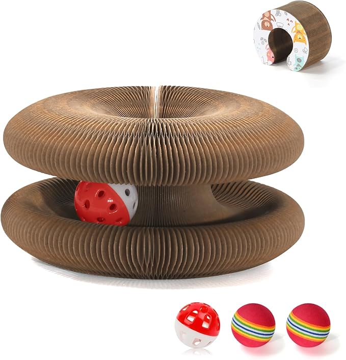 Magic Organ Cat Scratcher Board with 3 Balls, Foldable Recyclable Accordion Cats Toy with Ball and Track Adventure, Cat Scratching Pad, Retractable Reversible Furniture Protector(Brown)-Mewly Pet