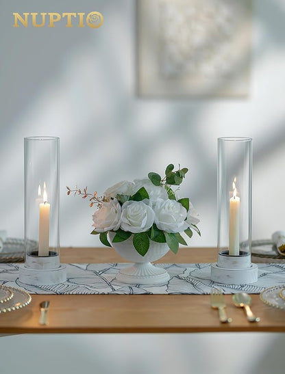 NUPTIO Dripless Candlestick Holders with Wax Catchers: Set of 2 Hurricane Glass Candle Holders with Metal Bobeches for Easier Reuse - White Wood Farmhouse Home Decor for Christmas Fireplace