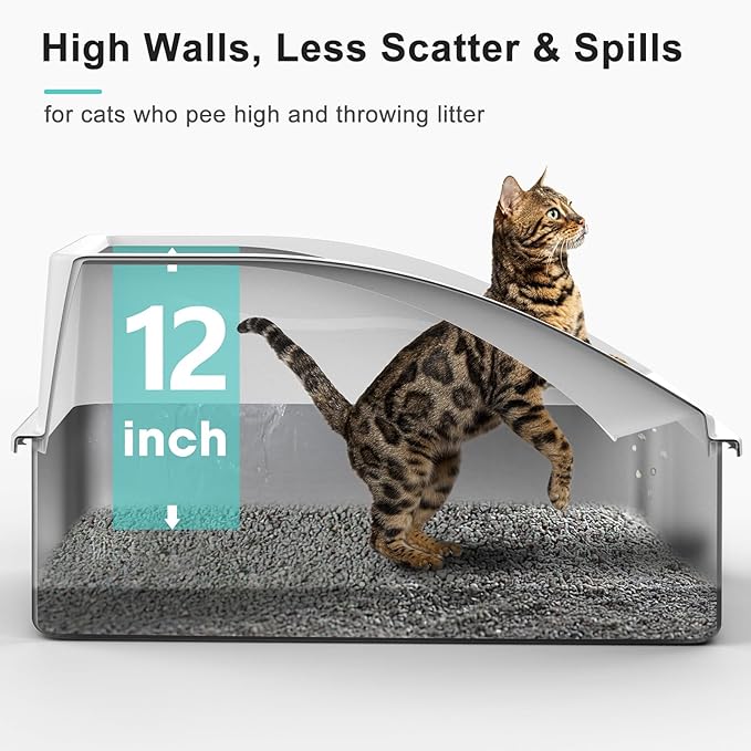 2 Pack Stainless Steel Litter Box | XL Enclosed Cat Litter Boxes with Lid for Big Cats and Multi-Cats | High Sided, Anti-Urine Leakage | Non-Stick Bottom（Silver Gray）-Mewly Pet
