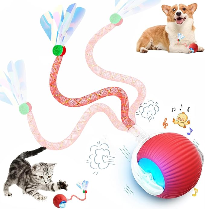 Speed 2.0 Tail Interactive Cat Toys for Indoor Cats, Chirping & Motion Activate Ca t Toy, Smart Kitten Rolling Ball Moving Ball Toys, Rechargeable Dog Cat Bal l for Enrichment Exercise (Red)-Mewly Pet