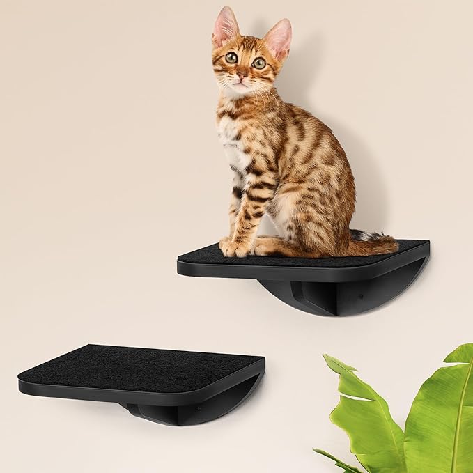 2-Piece Cat Wall Steps with Grey Felt Pads, Floating Cat Wall Perches and Climbing Steps, Wall Mounted Shelf for Small and Large Cats-Mewly Pet