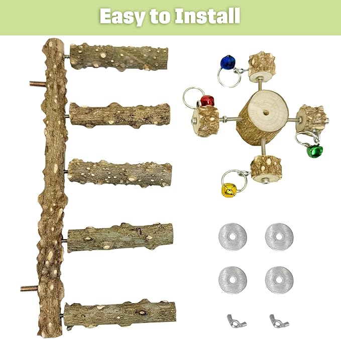 BNOSDM Natural Wood Bird Ladder Perch with Rotating Bell Toys-Exercise Stands for Parrot Climbing Chewing Parakeet Bridge Cage Accessories for Cockatiel, Conures, Lovebirds, Budgie-Mewly Pet