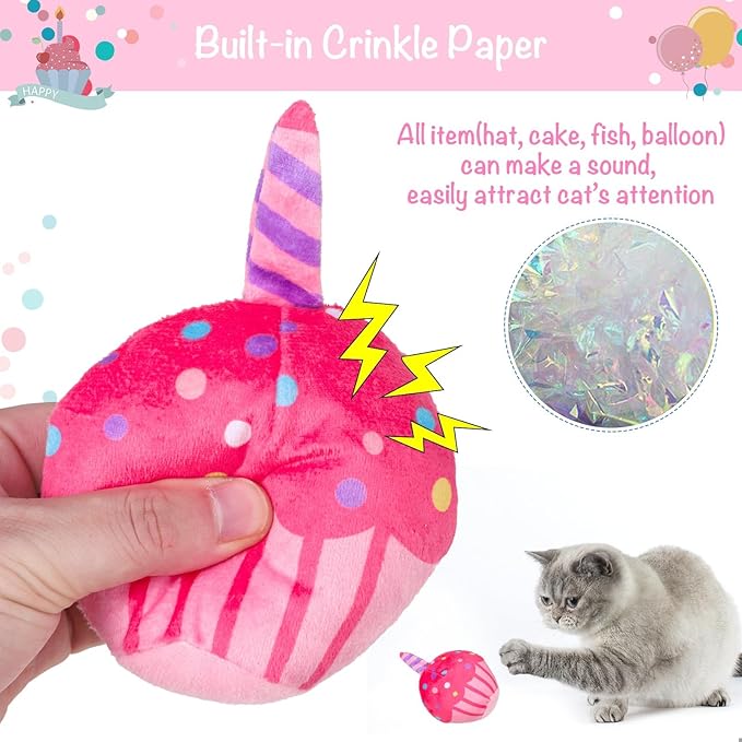 BINGPET Catnip Toys for Indoor Cats, Cat Birthday Hat and Interactive Plush Kitten Chew Toys - Cute Cake, Fish, Balloon Toys with Crinkle Paper and Catnip Inside Pink-Mewly Pet
