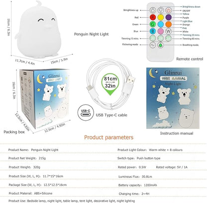 Large Penguin Night Lights for Babies Bedroom Light, lamp Kids, Toddler Nursery lamp Soft Decorative Lamps - Break Resistant, Eye Caring, Adjustable Brightness & Color, Time Setting - Large