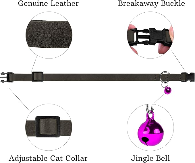 Breakaway Cat Collar Leather with Removable Bell - 13 Colors Available - Soft Adjustable Girl Boy Safety Lightweight Pet Kitten Collars Pink Brown Blue Green Red Orange Black (Graphite)-Mewly Pet