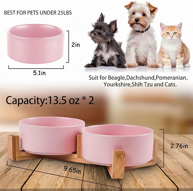 Petygooing Ceramic Cat Dog Bowl Set with Stand,Pink Pet Food and Water Dish,Small Dog Bowls Anti Slip Set of 2 Cat Bowls Pet Food Dishes Pet Bowl Small Size Pet (13.5OZ/5.1 in)-Mewly Pet