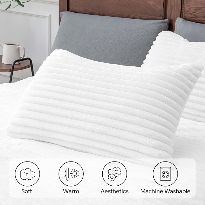 BEDELITE Fleece Queen Comforter Set -Super Soft & Warm Fluffy Bright White Bedding, Luxury Fuzzy Heavy Bed Set for Winter with 2 Pillow Cases