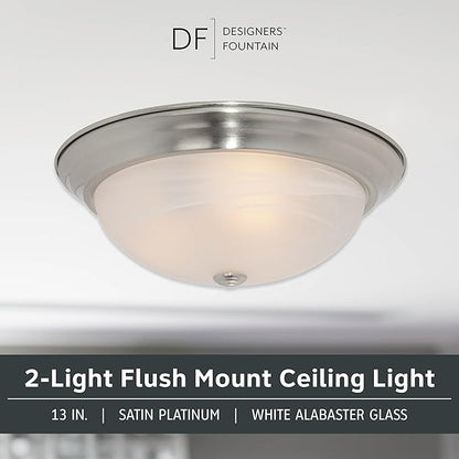 DESIGNERS FOUNTAIN Reedley 2-Lights Flush Mount Ceiling Light, 13 Inch Lighting Fixture for Kitchen, Bedroom, Bathroom, and Hallway, White Alabaster Glass, Satin Platinum, 1257M-SP-AL