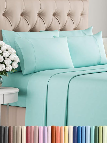 Queen 6 Piece Sheet Set - Comfy Breathable & Cooling - Ultra-Soft Hotel Luxury Bedding Set with 8-16 Inch Deep Pockets - 1 Flat & 1 Fitted Sheet & 4 Pillowcases - Wrinkle Free & Easy Care - Spa Blue