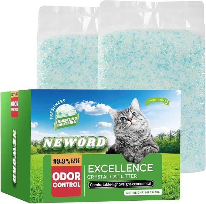 NEWORD Crystals Cat Litter Superior Odor Control 14 lbs Total (2 Pack of 7lb Bags) Soft-On-Paws Low Tracking Dust-Free Green Silica Gel, Aloe Vera Fragrance-Mewly Pet