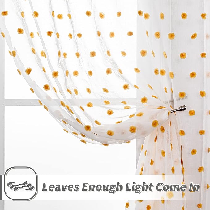 MYSKY HOME Pom Pom Curtains for Girls Bedroom 63 Inch Burnt Orange Curains for Nursery Kids Room Sheer Curtains for Living Room Dining Room Rod Pocket Small Window 52" x 63" Set of 2