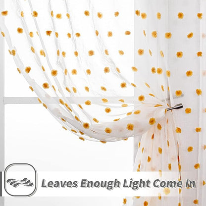 MYSKY HOME Burnt Orange Pom Pom Curtains for Bedroom, Small Windows, Light Filtering, White Sheer, Short Cafe, Bathroom Privacy, Rod Pocket, 52 x 45 inch, 2 Panels