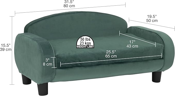 Paws & Purrs Cat Sofa Bed, Pet Couch for Indoor Cats Elevated Cat Beds with Removable Washable Mattress Cover for Kitten, Puppy or Small Animal- 31.5" Wide, Teal-Mewly Pet