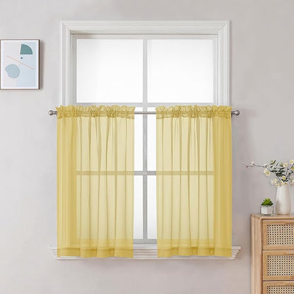 Chyhomenyc Yellow Sheer Curtains 30 inch Length 2 Panels, Light Filtering Voile Rod Pocket Short Window Curtians for Bathroom Living Room Farmhouse Small Windows, 42Wx30L inches