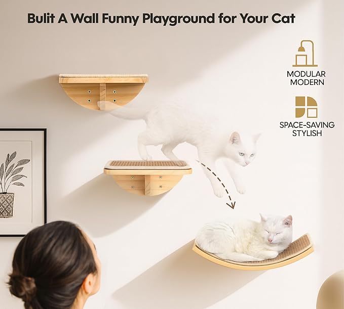 Wood Cat Wall Shelves with Sisal Mat – Cats Wall Furniture Steps for Large Cats, Perfect for Play and Vertical Movement-Mewly Pet