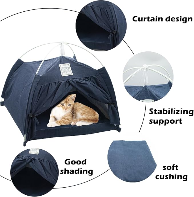 Cat Tent Bed,Cats Cave House Portable for Indoor with Removable Non-Slip Soft Pad Foldable Cat Tents Hut Washable Pet House Bed Outdoor for Kitty Puppy Small Pets 15.7x15.7x16.1 in (Navy Blue)-Mewly Pet