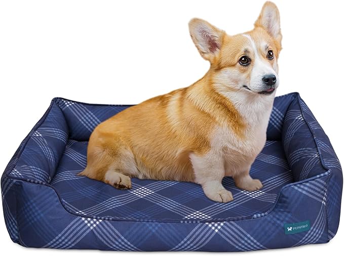 Orthopedic Bolster Dog Bed – CertiPUR-US Foam, Recycled Polyester Canvas, Washable Cover, Anti-Slip Bottom, Small, Navy Plaid – Stylish Designer Dog Sofa-Mewly Pet