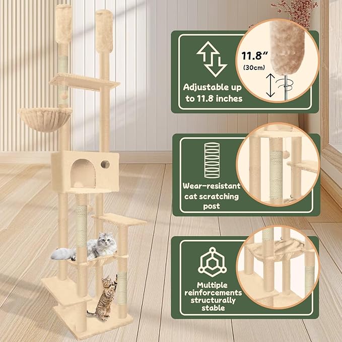 96.5"-108" Cat Tree Floor to Ceiling 7-Tier Cat Tower Adjustable Height with Scratching Posts, Cozy Hammock, Cat Condo for Indoor Cats(Beige)-Mewly Pet
